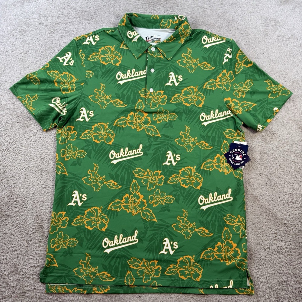 Oakland Athletic Reyn Spooner Polo Mens Medium Green Floral Performance Stretch